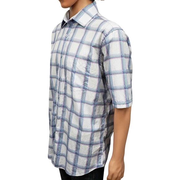 Bugatchi Shirt Short Sleeve Men L Blue Multicolor Plaid & Floral Button Up - Picture 6 of 12